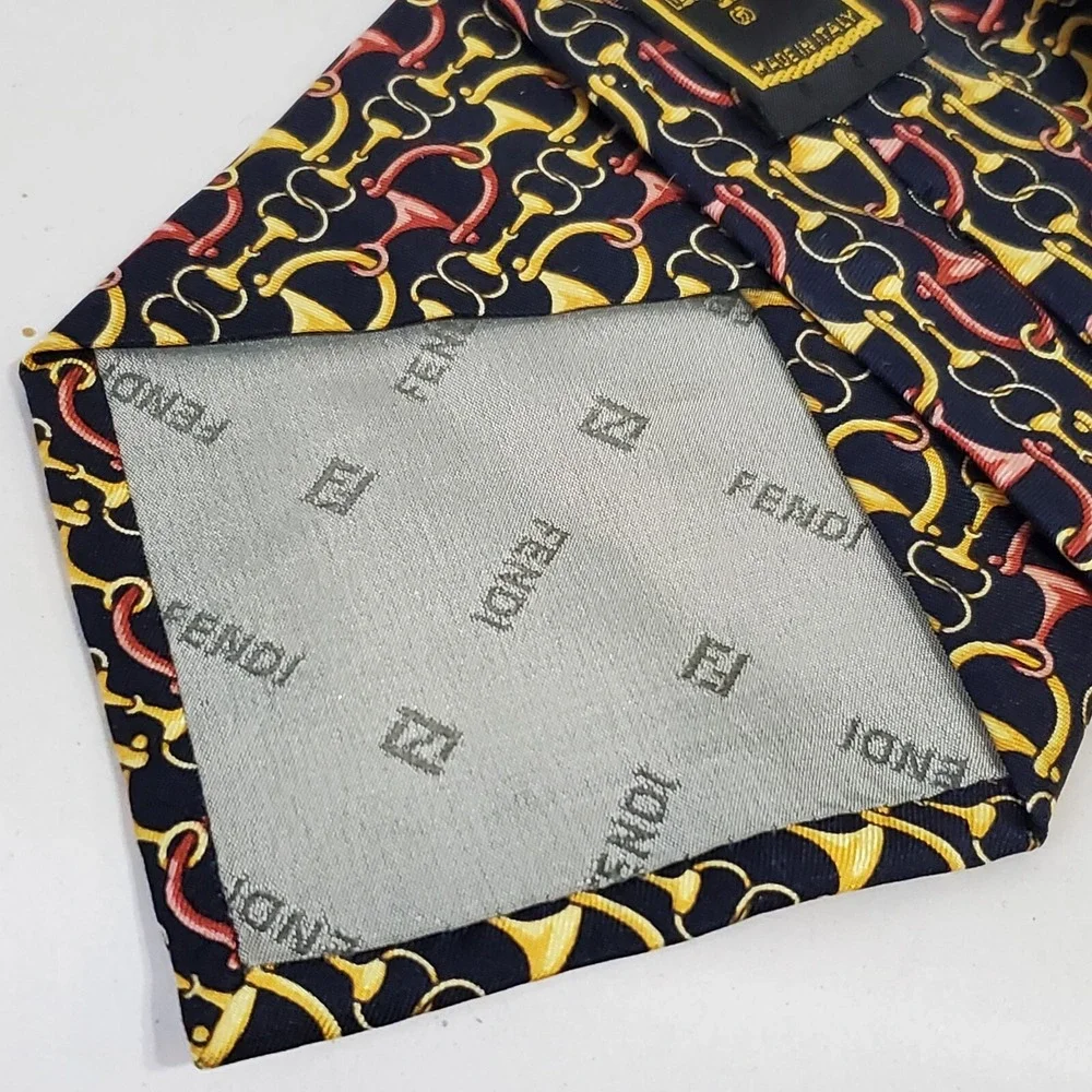 FENDI Mens Neck Tie horsebit stirrup pattern Black Gold Burgundy Silk Italy